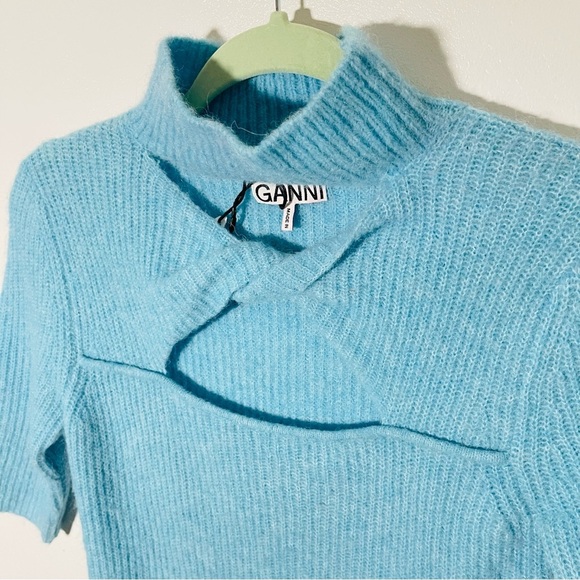 NEW Ganni Alpaca Merino Wool Blend Twist Turtleneck Sweater Bachelor Blue Preppy - Picture 6 of 10